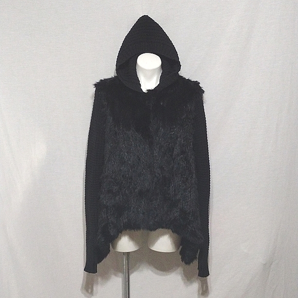 Le Rok Luxe Rabbit Fur Cardigan Sweater Jacket With Hoodie Medium - Picture 8 of 11